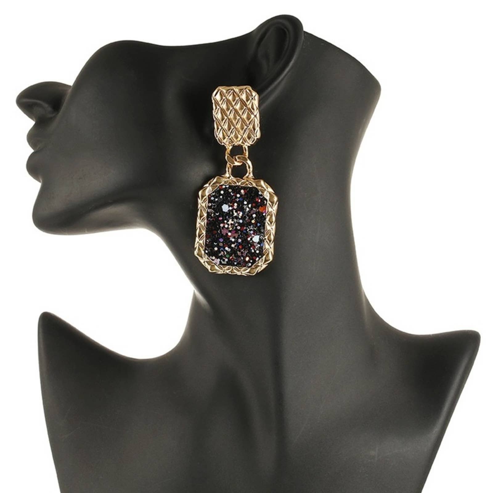 Bulky Retro Gold Glitter Rectangle Drop Earrings